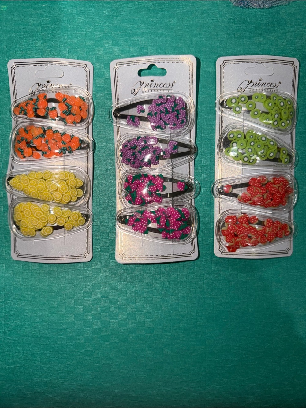 Set of Colorful Fruit Pattern Hair Clips - Yellow, Orange, Purple, Green, Red